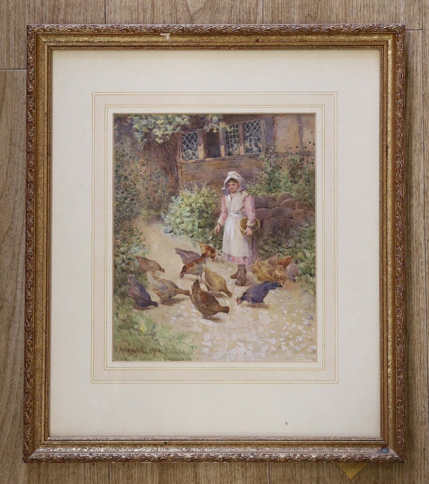 William Artingstall (fl.1882-1895), watercolour, Girl feeding chickens, signed and dated 1900, 28 x 23cm